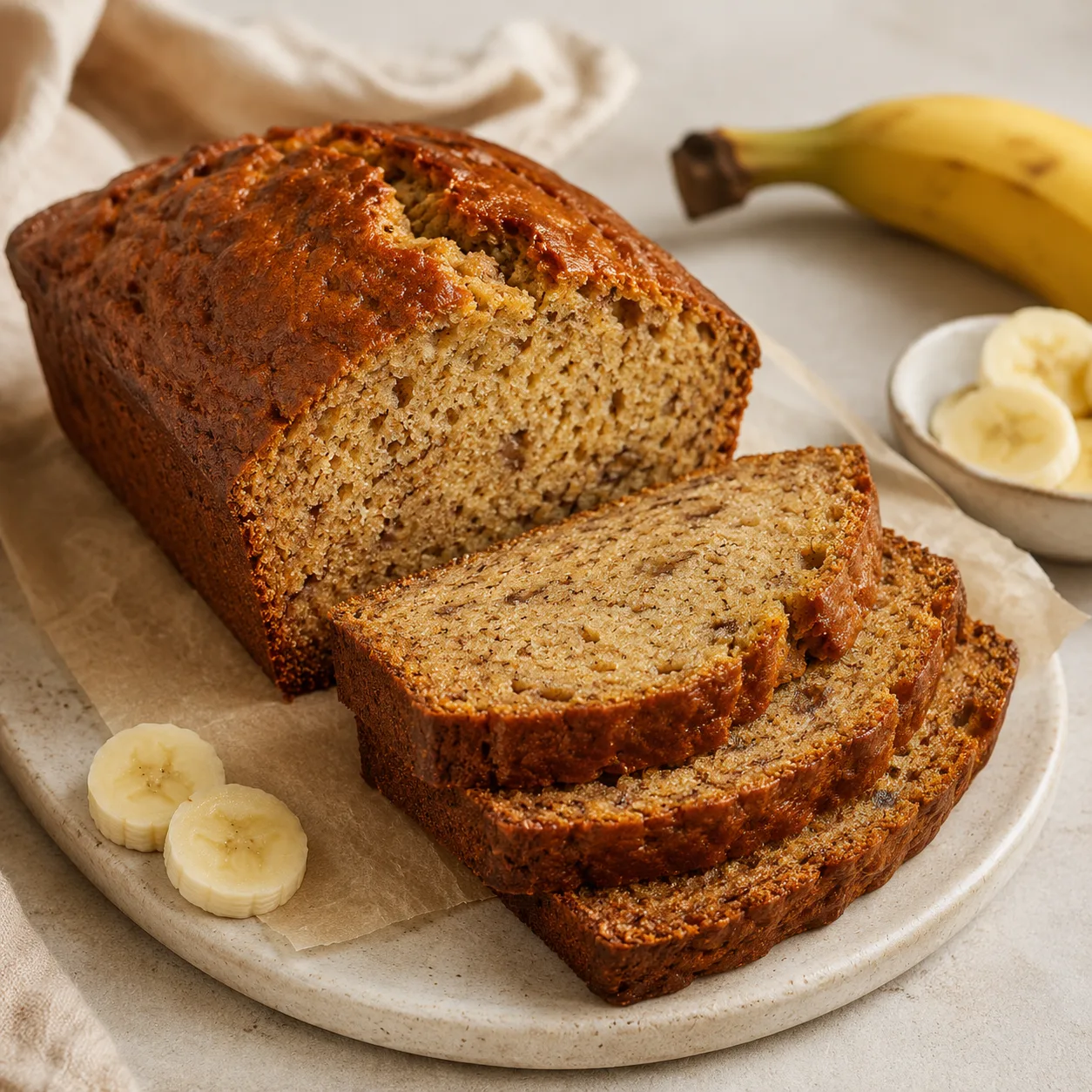 Freshly baked classic banana bread with a golden-brown crust, partially sliced to reveal a moist, tender crumb, served on a ceramic plate with banana slices and a ripe banana in the background.