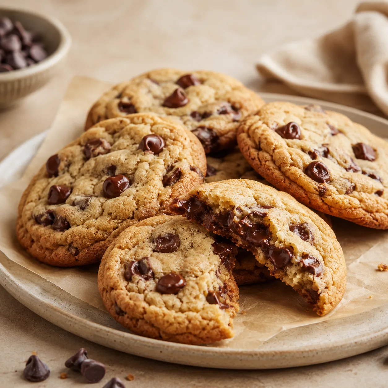 Freshly baked classic chocolate chip cookies with golden-brown edges and soft, chewy centres, piled on a ceramic plate, with one cookie broken open to reveal gooey melted chocolate.